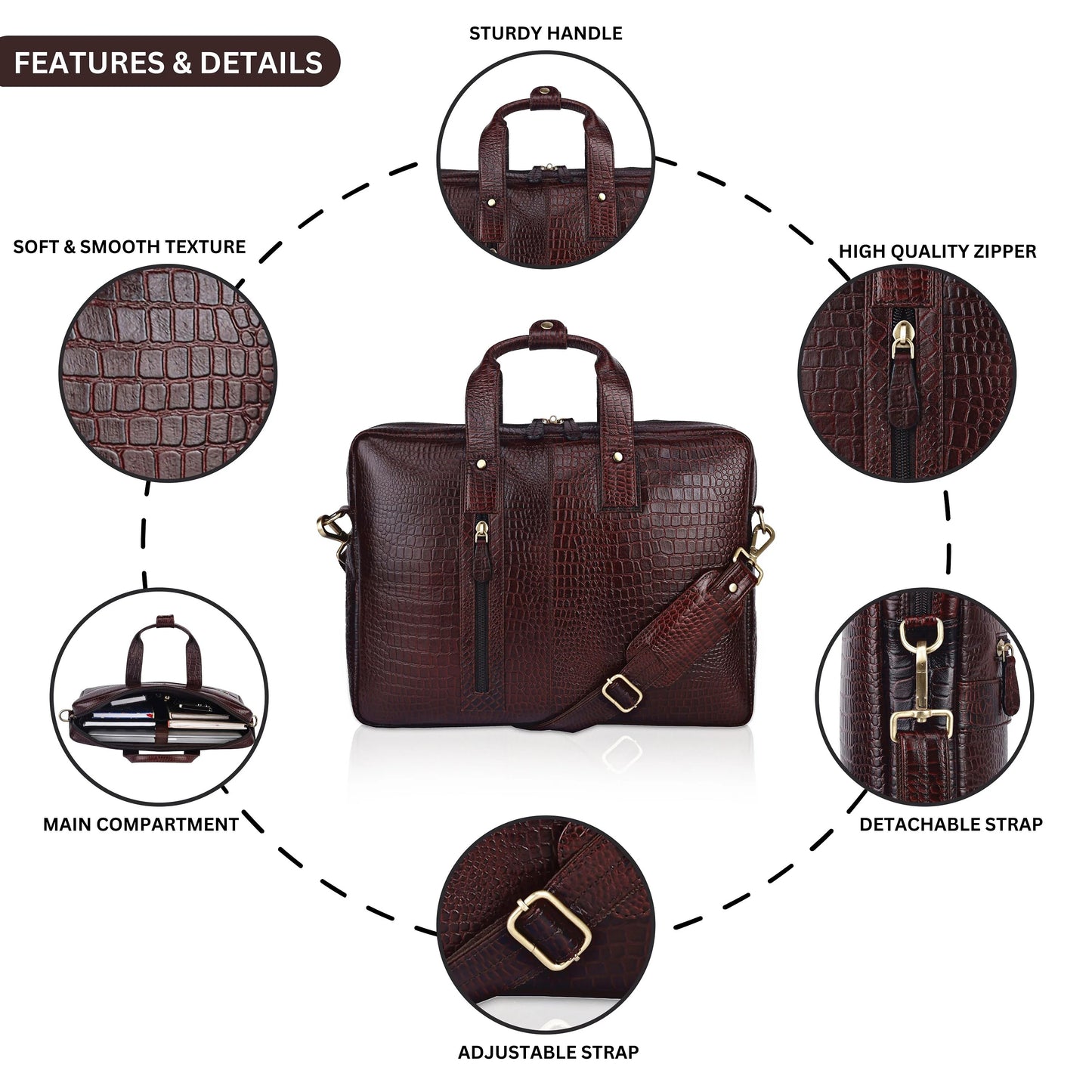 Fashius Brown Crocodile Genuine Leather Laptop Bag