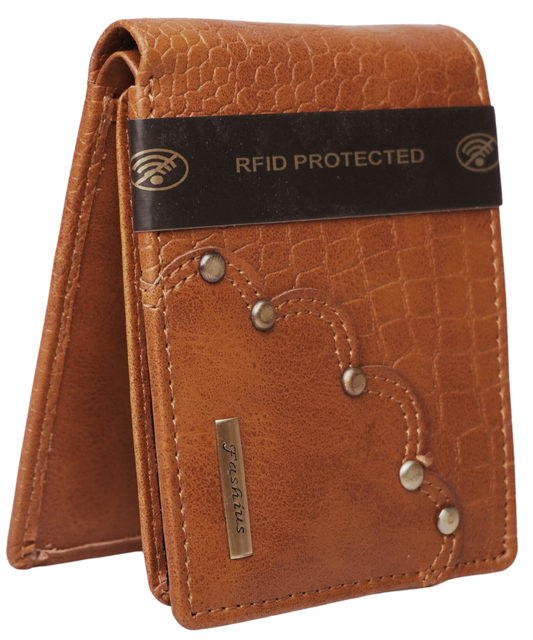 Fashius Men Tan Artificial Leather Wallet with Chain (12 Card Slots)